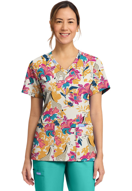 Floral Safari Cherokee Scrubs Cat Print V Neck Top CK856 FLSI - Scrubs Select