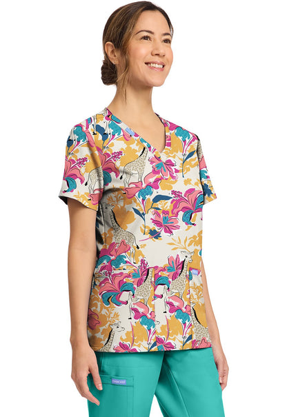 Floral Safari Cherokee Scrubs Cat Print V Neck Top CK856 FLSI - Scrubs Select