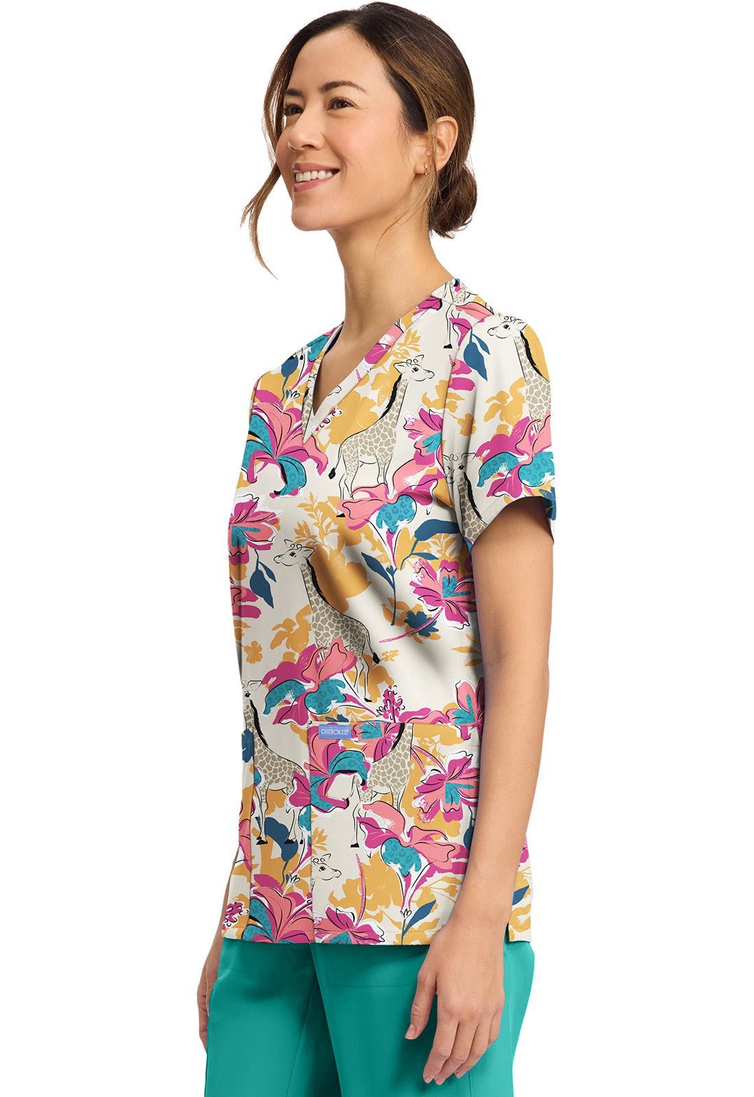 Floral Safari Cherokee Scrubs Print V Neck Top CK856 FLSI - Scrubs Select