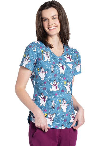 Frosty The Snowman Tooniforms Christmas Rounded V Neck Scrub Top TF786 FRCM - Scrubs Select