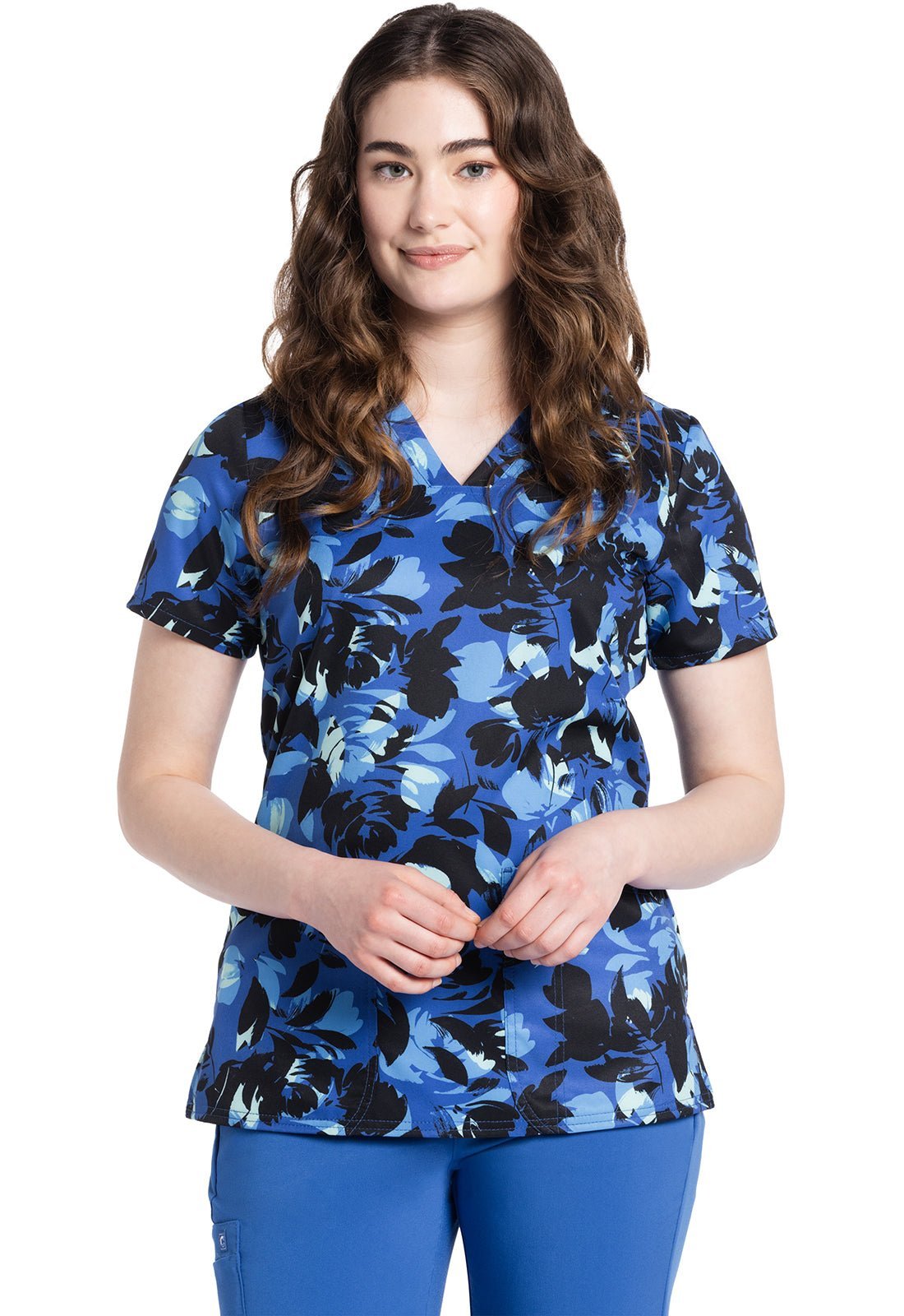 Garden Silhouette Cherokee Floral Print V Neck Scrub Top CK671 GNSL - Scrubs Select
