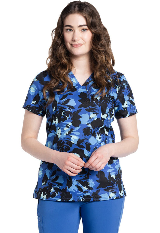 Garden Silhouette Cherokee Floral Print V Neck Scrub Top CK671 GNSL - Scrubs Select