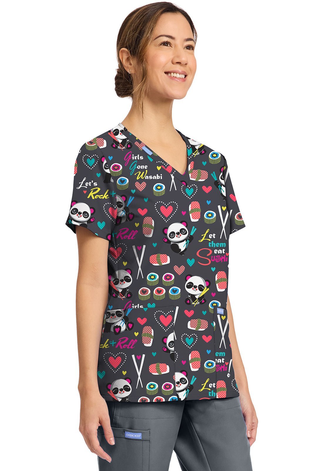 Girls Gone Wasabi Cherokee Print Panda V Neck Scrub Top CK856 GGWI - Scrubs Select