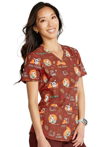 Give Thanks Cherokee Print Dog Is Good Thanksgiving V Neck Scrub Top CK703 OGGT - Scrubs Select