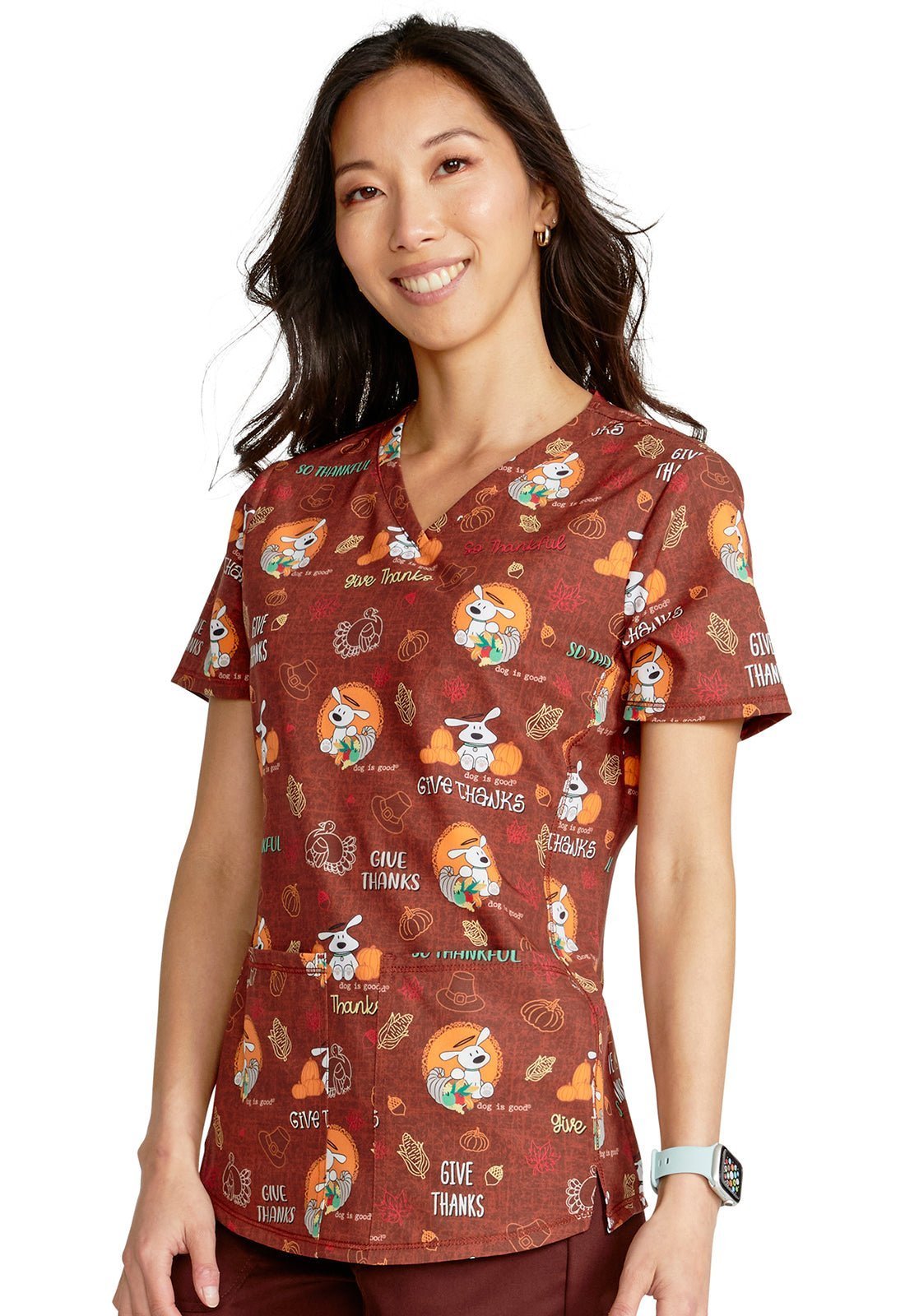 Give Thanks Cherokee Print Dog Is Good Thanksgiving V Neck Scrub Top CK703 OGGT - Scrubs Select