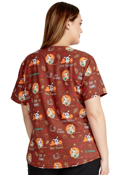 Give Thanks Cherokee Print Dog Is Good Thanksgiving V Neck Scrub Top CK703 OGGT - Scrubs Select