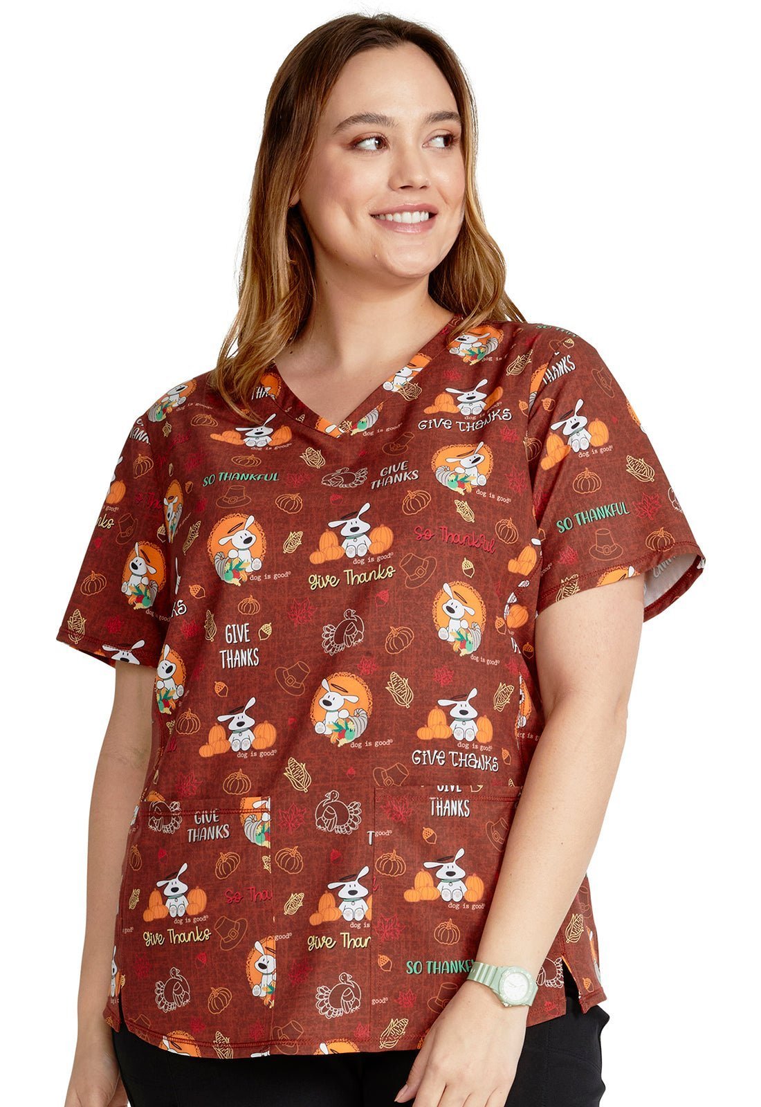 Give Thanks Cherokee Print Dog Is Good Thanksgiving V Neck Scrub Top CK703 OGGT - Scrubs Select
