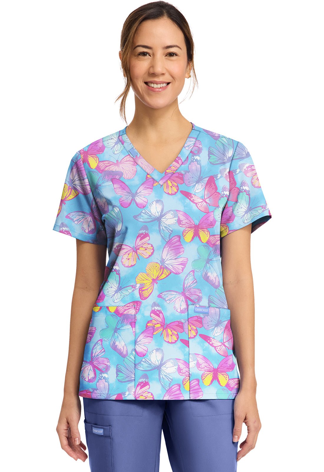 Glowing Butterflies Cherokee Print V Neck Scrub Top CK856 GWBF - Scrubs Select
