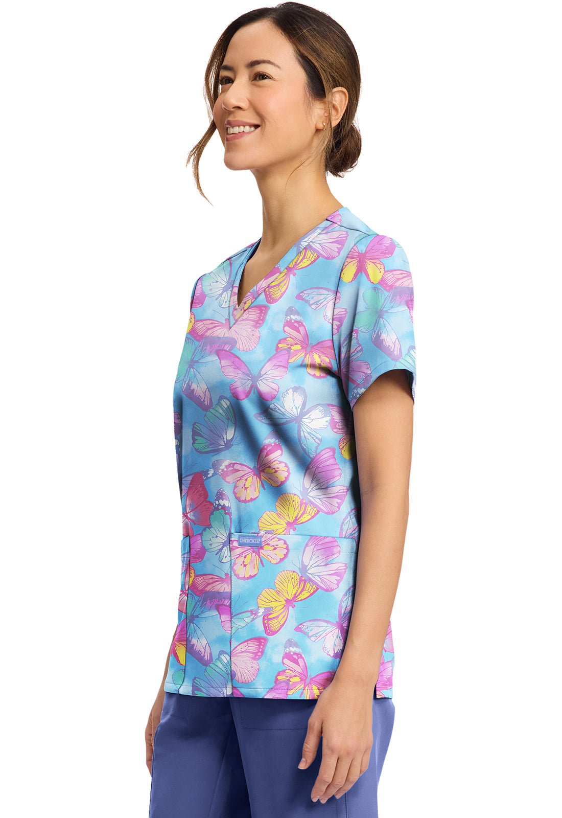 Glowing Butterflies Cherokee Print V Neck Scrub Top CK856 GWBF - Scrubs Select