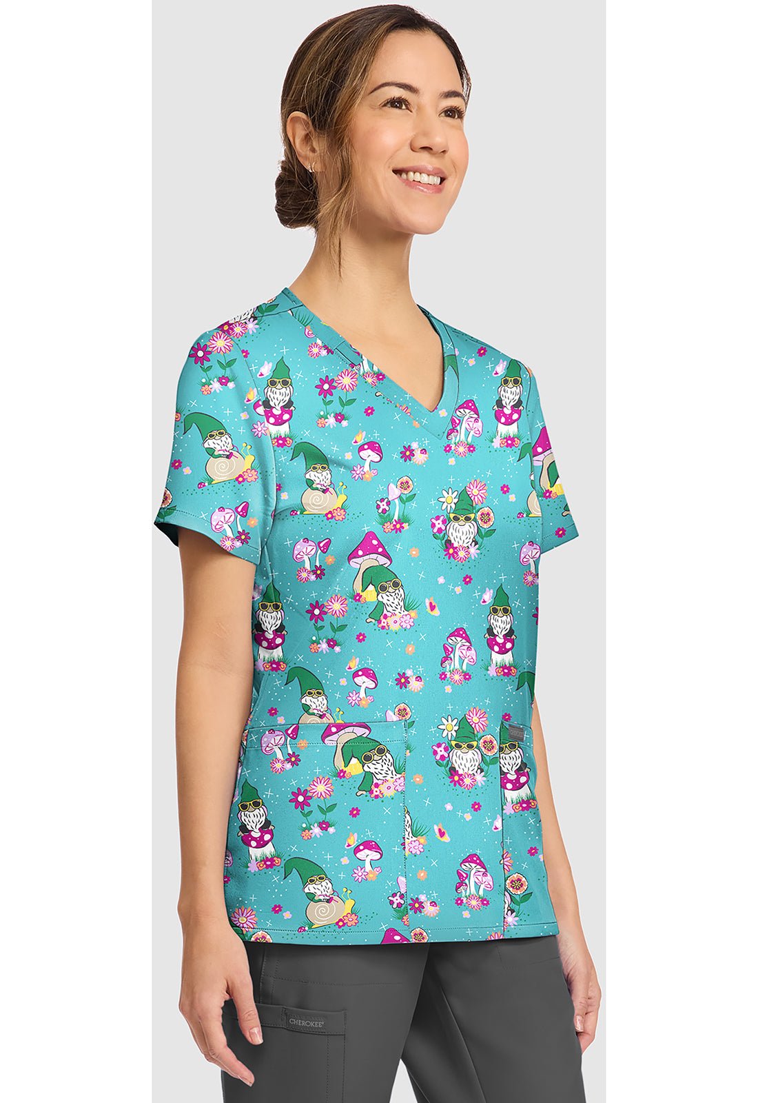 Gnomes At Home Cherokee Print V - Neck Scrub Top CK856 GNHM - Scrubs Select