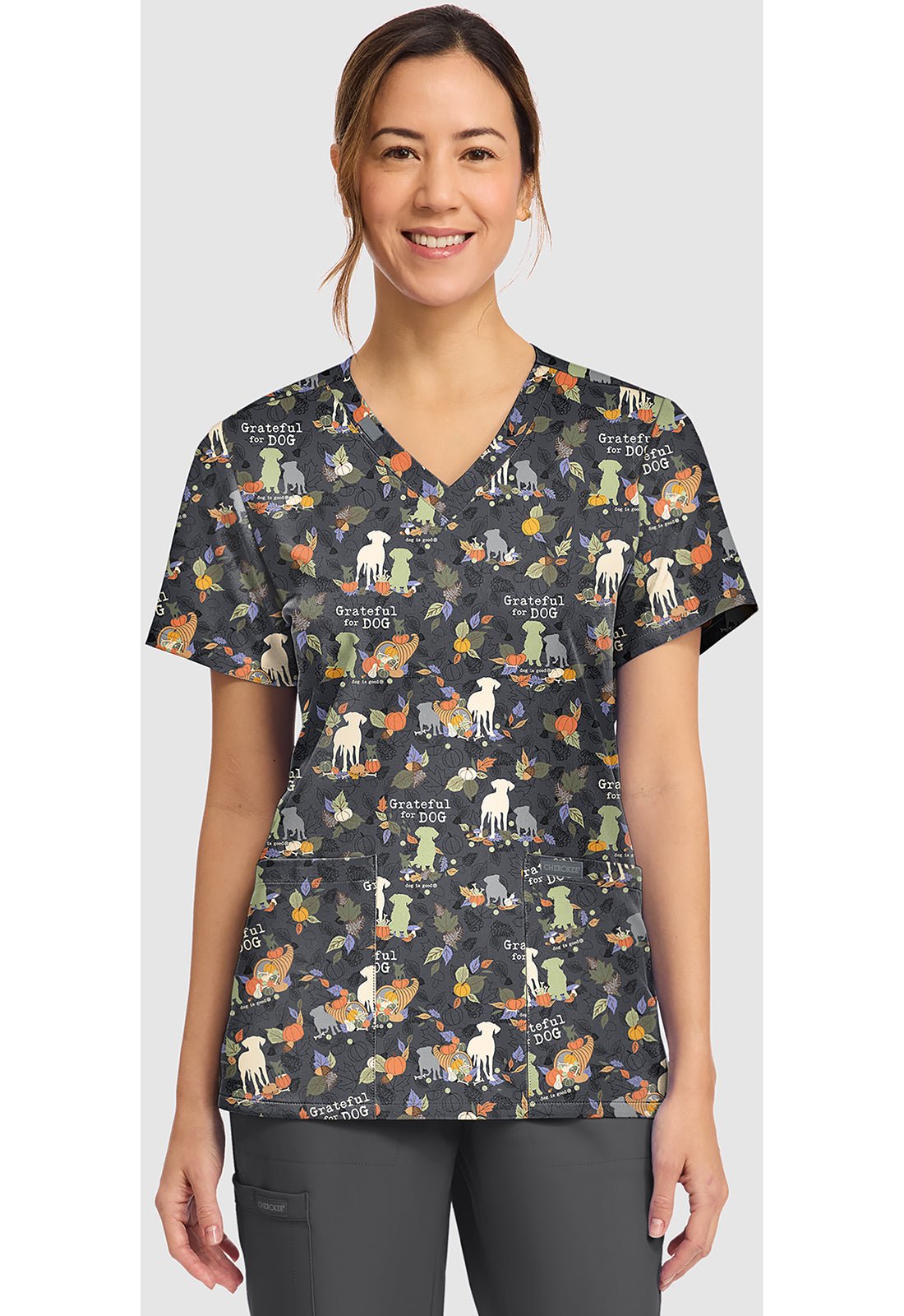 Grateful For Dog Cherokee Print Dog Is Good V - Neck Scrub Top CK856 OGGF - Scrubs Select