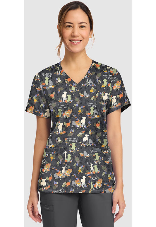 Grateful For Dog Cherokee Print Dog Is Good V - Neck Scrub Top CK856 OGGF - Scrubs Select
