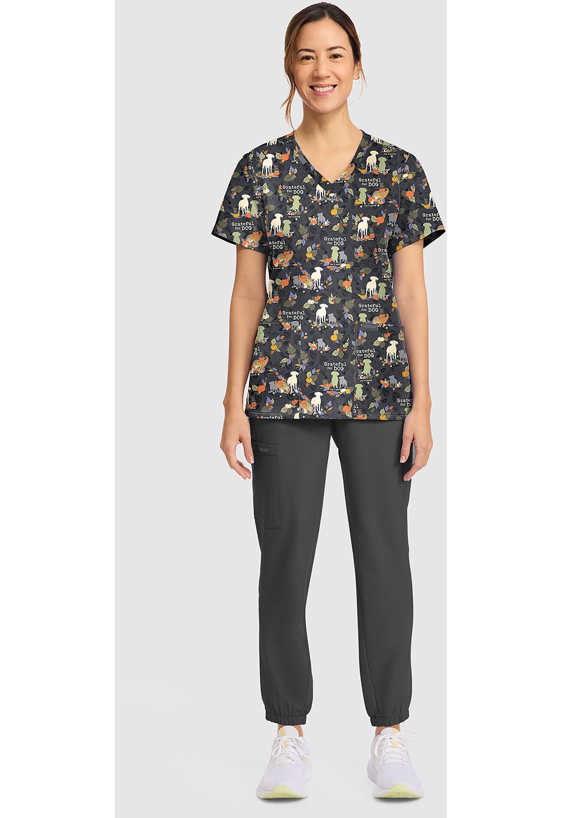 Grateful For Dog Cherokee Print Dog Is Good V - Neck Scrub Top CK856 OGGF - Scrubs Select