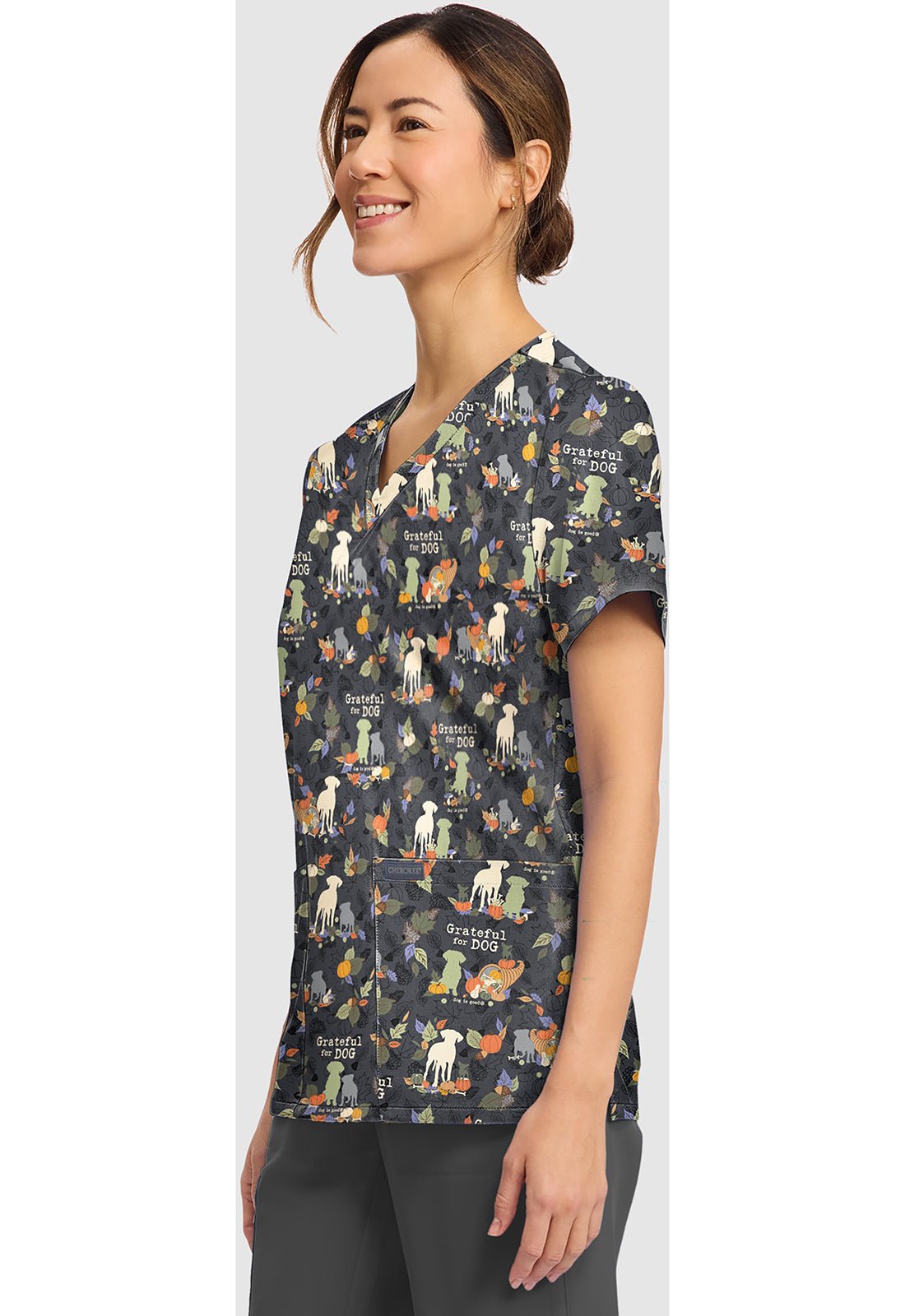 Grateful For Dog Cherokee Print Dog Is Good V - Neck Scrub Top CK856 OGGF - Scrubs Select