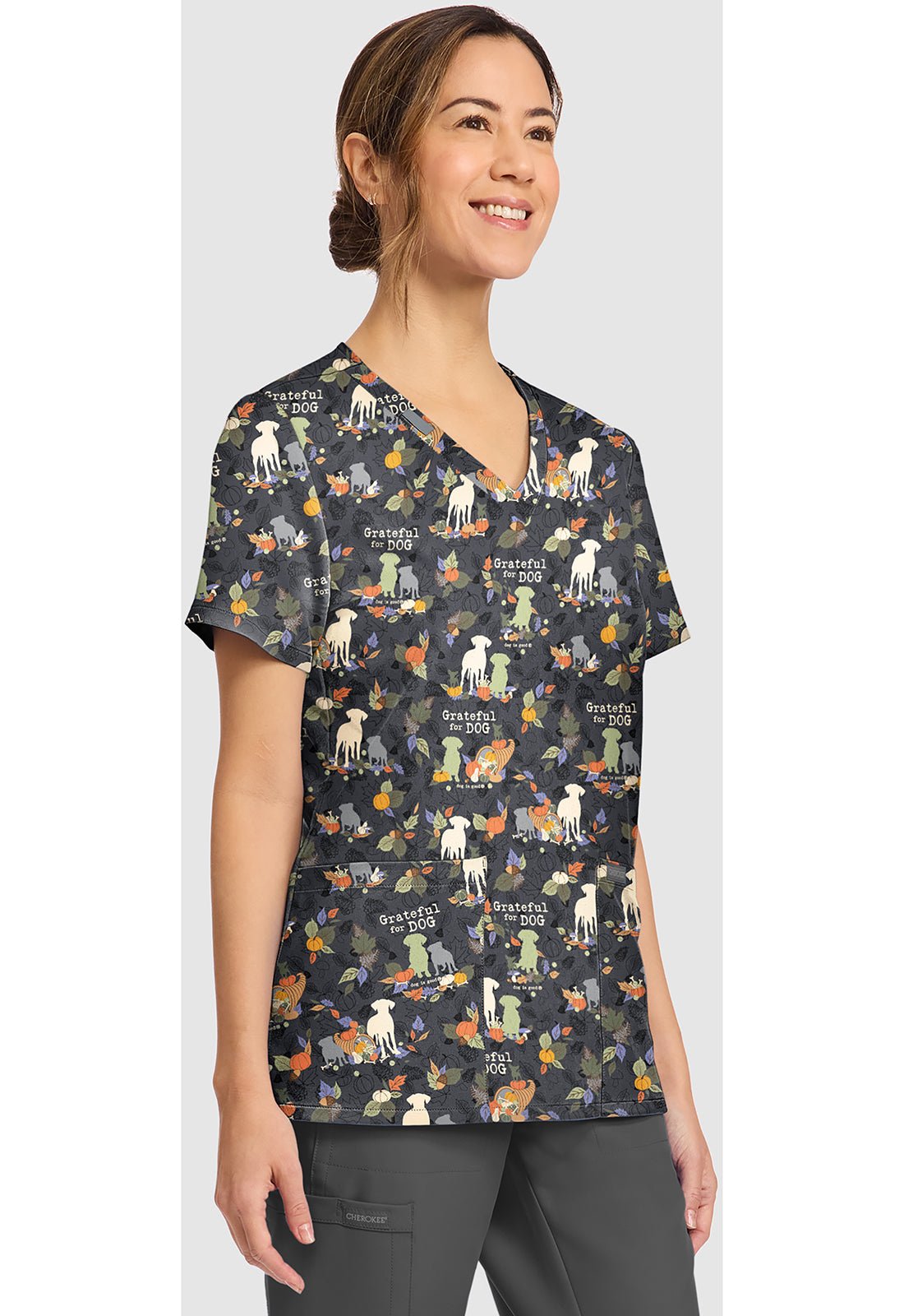 Grateful For Dog Cherokee Print Dog Is Good V - Neck Scrub Top CK856 OGGF - Scrubs Select