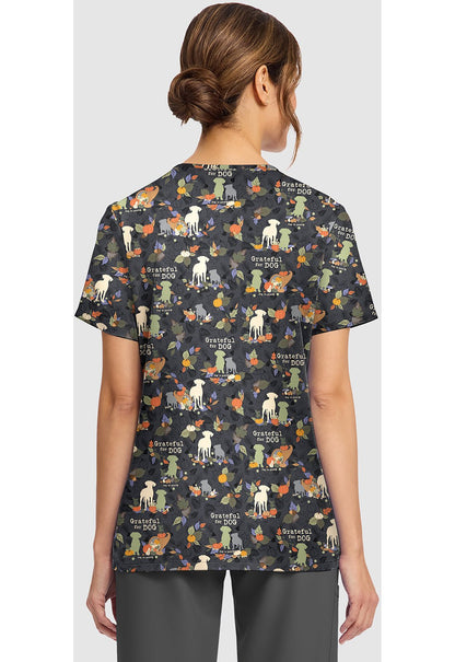 Grateful For Dog Cherokee Print Dog Is Good V - Neck Scrub Top CK856 OGGF - Scrubs Select