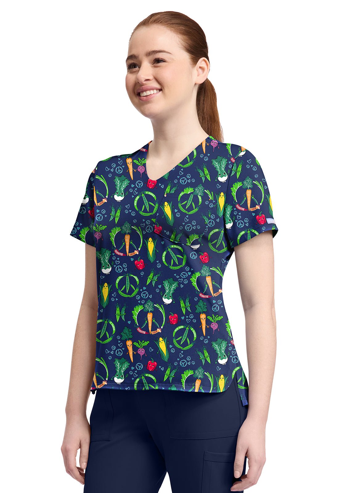 Growing Love Cherokee Vegetable Print V Neck Scrub Top CK857 GRWV - Scrubs Select