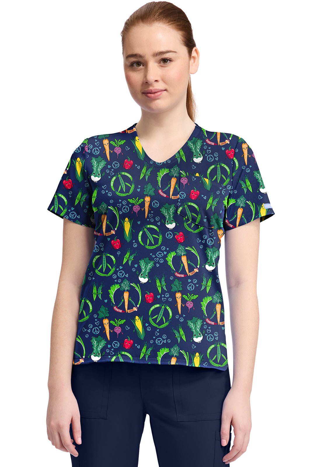 Growing Love Cherokee Vegetable Print V Neck Scrub Top CK857 GRWV - Scrubs Select