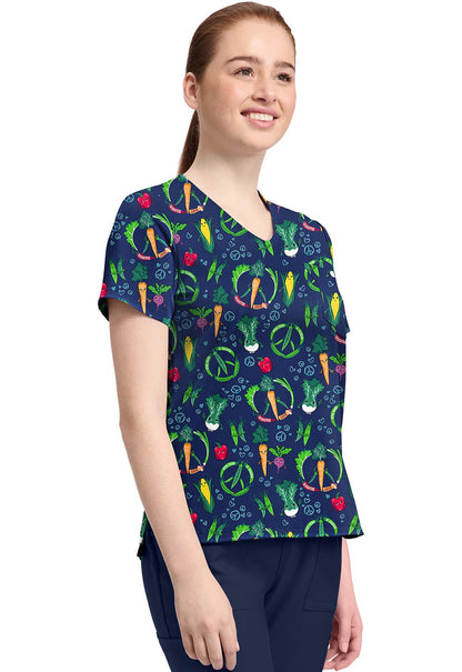 Growing Love Cherokee Vegetable Print V Neck Scrub Top CK857 GRWV - Scrubs Select
