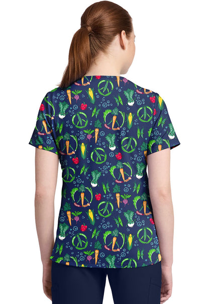 Growing Love Cherokee Vegetable Print V Neck Scrub Top CK857 GRWV - Scrubs Select