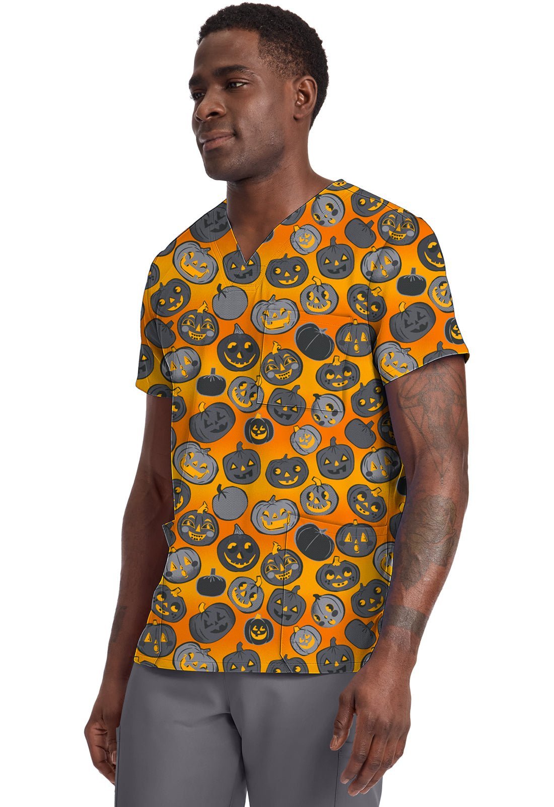 Happy Pumpkins Cherokee Print Unisex V Neck Scrub Top CK691 HPPK - Scrubs Select