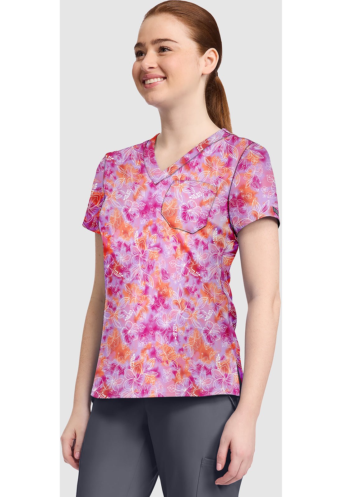 Hello Hibiscus Med Couture Print V Neck Scrub Top MC632 HOHI - Scrubs Select