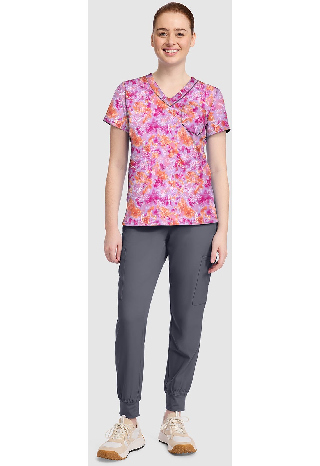 Hello Hibiscus Med Couture Print V Neck Scrub Top MC632 HOHI - Scrubs Select