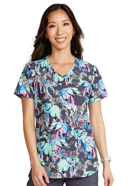 Herd That Cherokee Animal Print V Neck Scrub Top CK637 HETA - Scrubs Select