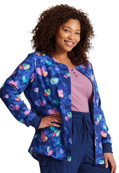 Hippie Hearts Dickies Print Snap Front Scrub Jacket DK309 HIHT - Scrubs Select