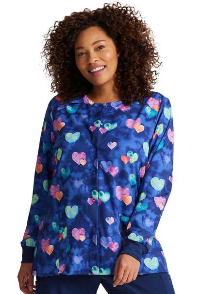 Hippie Hearts Dickies Print Snap Front Scrub Jacket DK309 HIHT - Scrubs Select