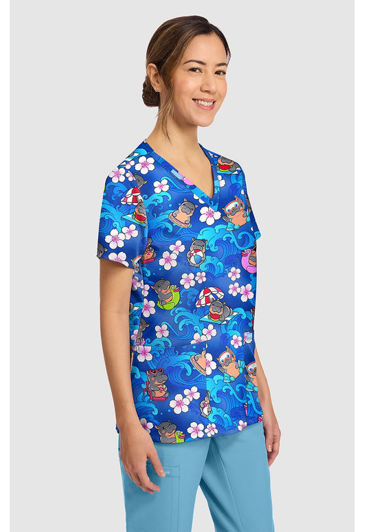 Hippo Water Mus Cherokee Scrubs Print V Neck Top CK856 HPPM - Scrubs Select