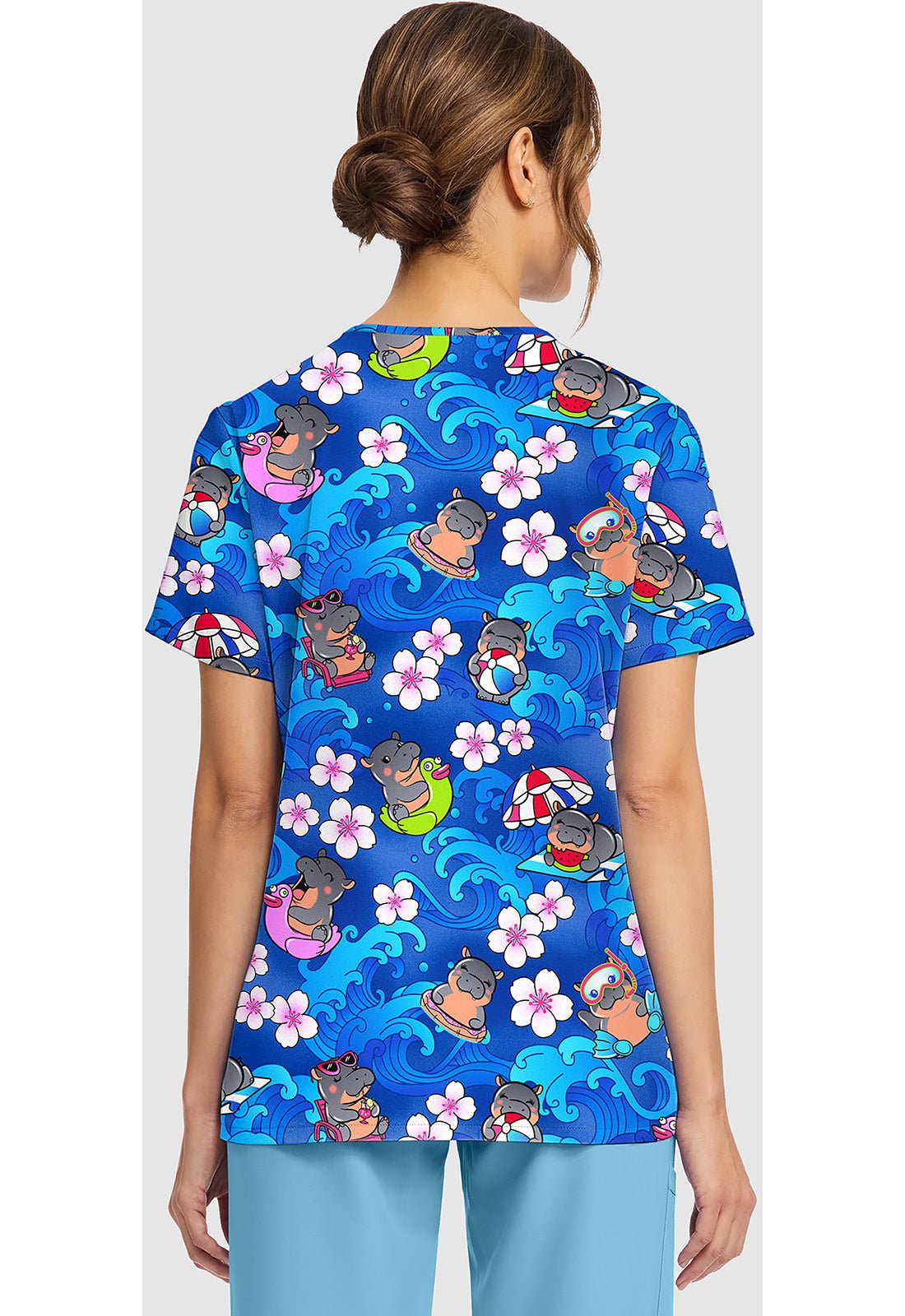 Hippo Water Mus Cherokee Scrubs Print V Neck Top CK856 HPPM - Scrubs Select
