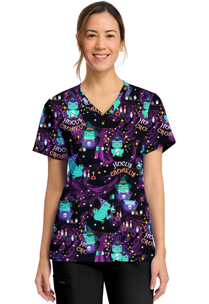 Hocus Croakus Cherokee Scrubs Frog Halloween Print V Neck Top CK856 HCCK - Scrubs Select