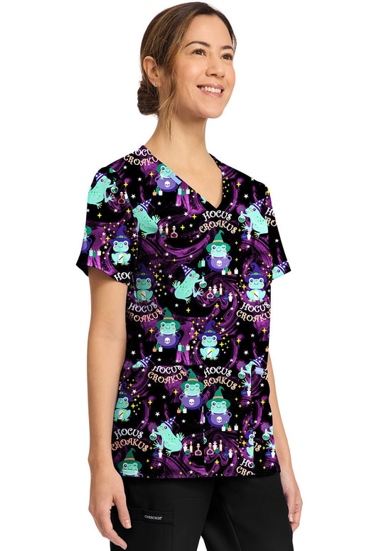 Hocus Croakus Cherokee Scrubs Frog Halloween Print V Neck Top CK856 HCCK - Scrubs Select
