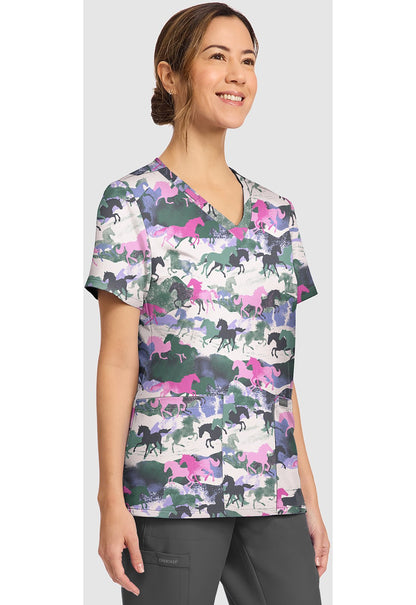 Horse Play Cherokee Print V - Neck Scrub Top CK856 HSPY - Scrubs Select