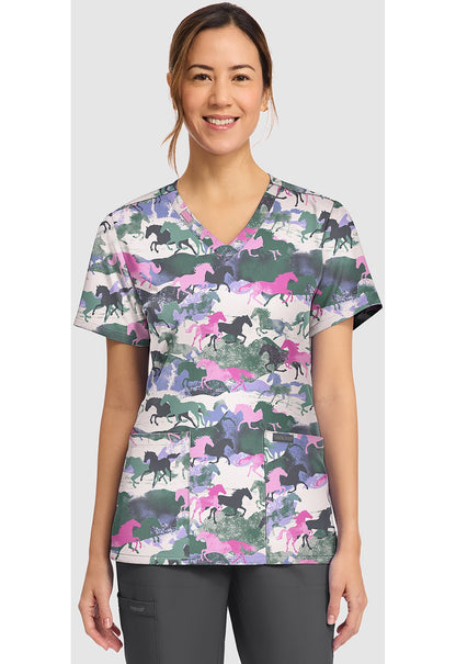 Horse Play Cherokee Print V - Neck Scrub Top CK856 HSPY - Scrubs Select