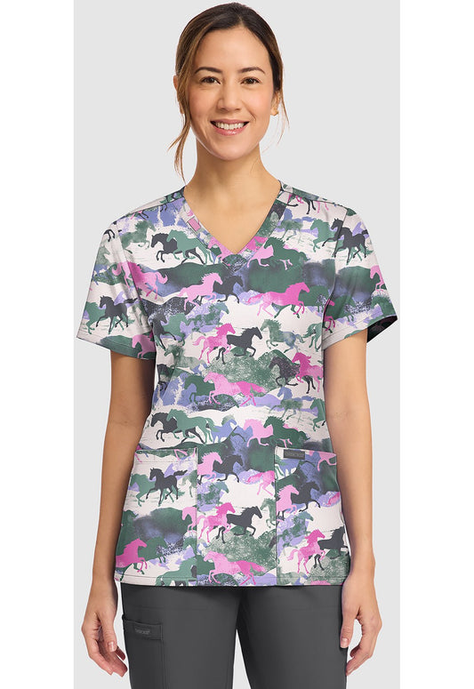 Horse Play Cherokee Print V - Neck Scrub Top CK856 HSPY - Scrubs Select