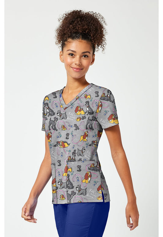 Lady and The Tramp Tooniforms Licensed Disney V Neck Scrub Top TF796 LAFH - Scrubs Select