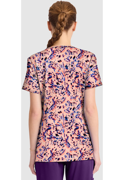 Leopard Blur Cherokee Infinity Print Round Neck Scrub Top CK609 LPBR - Scrubs Select