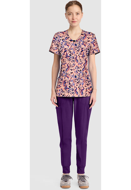 Leopard Blur Cherokee Infinity Print Round Neck Scrub Top CK609 LPBR - Scrubs Select