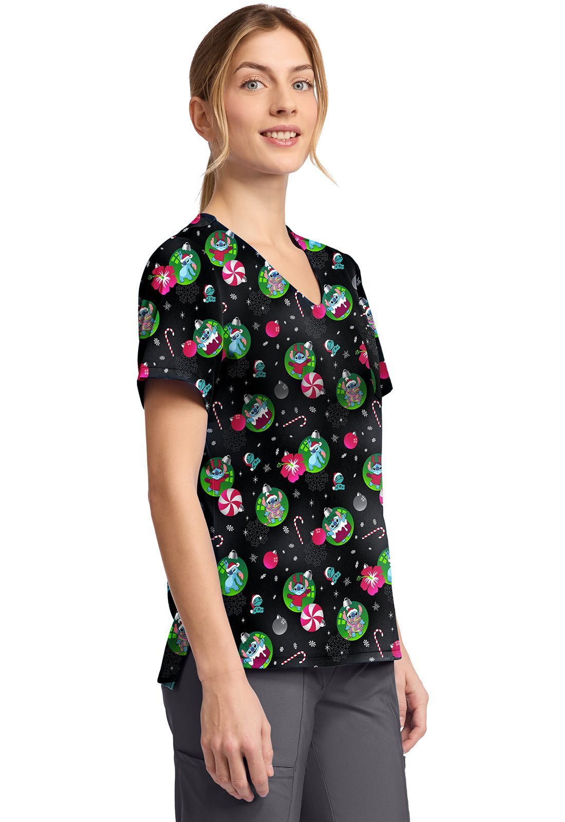 Lilo & Stitch Tooniforms Licensed Disney Christmas V Neck Scrub Top TF797 LHBU - Scrubs Select