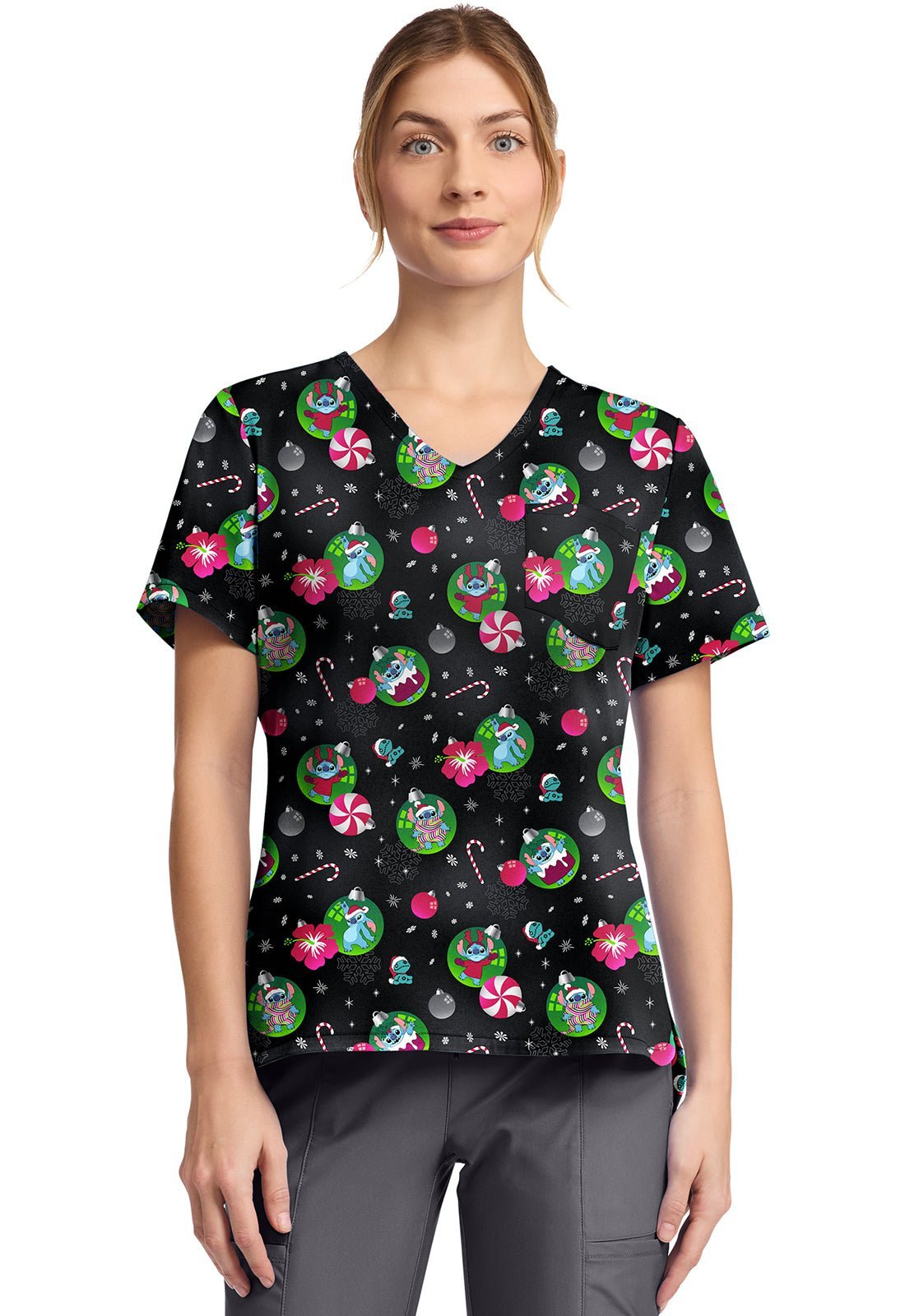 Lilo & Stitch Tooniforms Licensed Disney Christmas V Neck Scrub Top TF797 LHBU - Scrubs Select