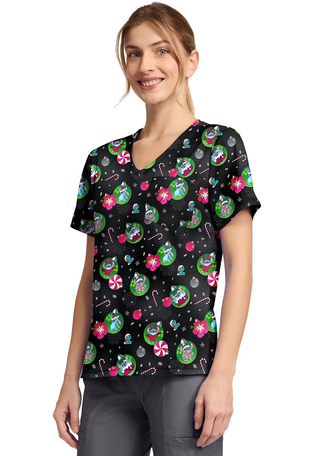 Lilo & Stitch Tooniforms Licensed Disney Christmas V Neck Scrub Top TF797 LHBU - Scrubs Select
