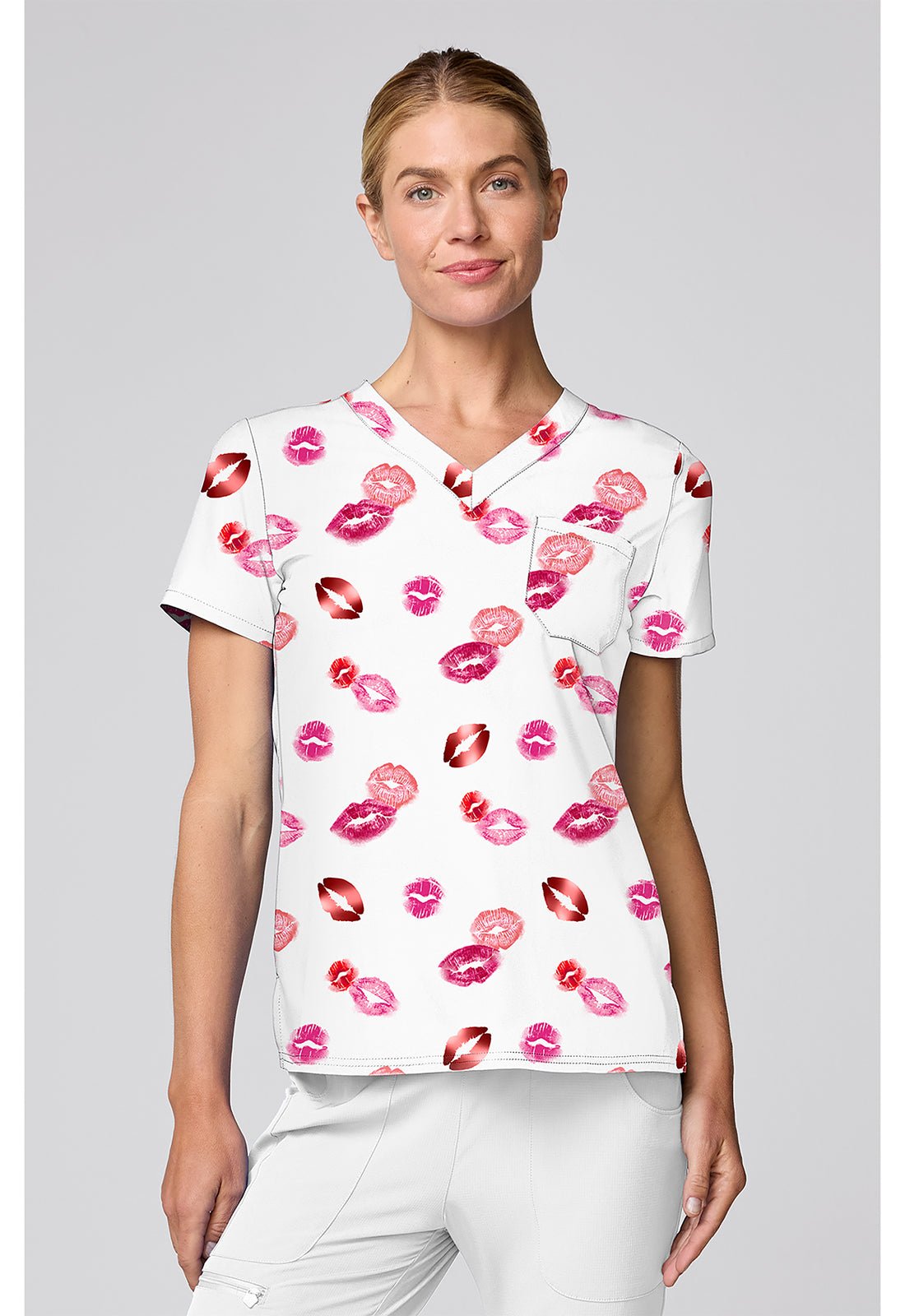 Lipstick Kisses Med Couture Print V Neck Scrub Top MC00056 LKSS - Scrubs Select