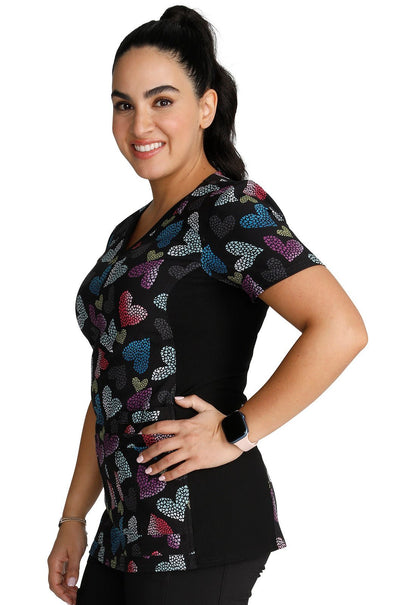 Loving Glow Cherokee iFlex Heart Print V Neck Knit Panel Scrub Top CK636 LVGW - Scrubs Select