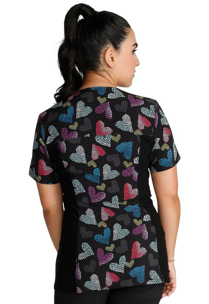Loving Glow Cherokee iFlex Heart Print V Neck Knit Panel Scrub Top CK636 LVGW - Scrubs Select