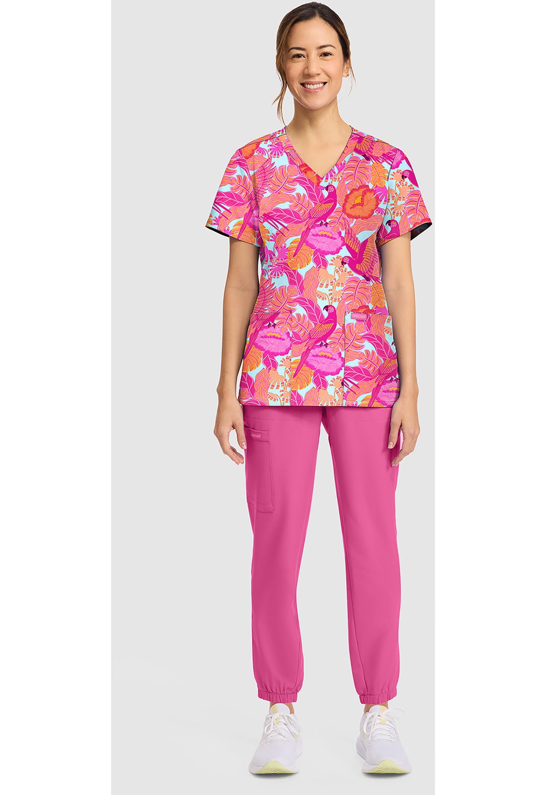 Macaw Mania Cherokee Scrubs Print V Neck Top CK856 MWMA - Scrubs Select