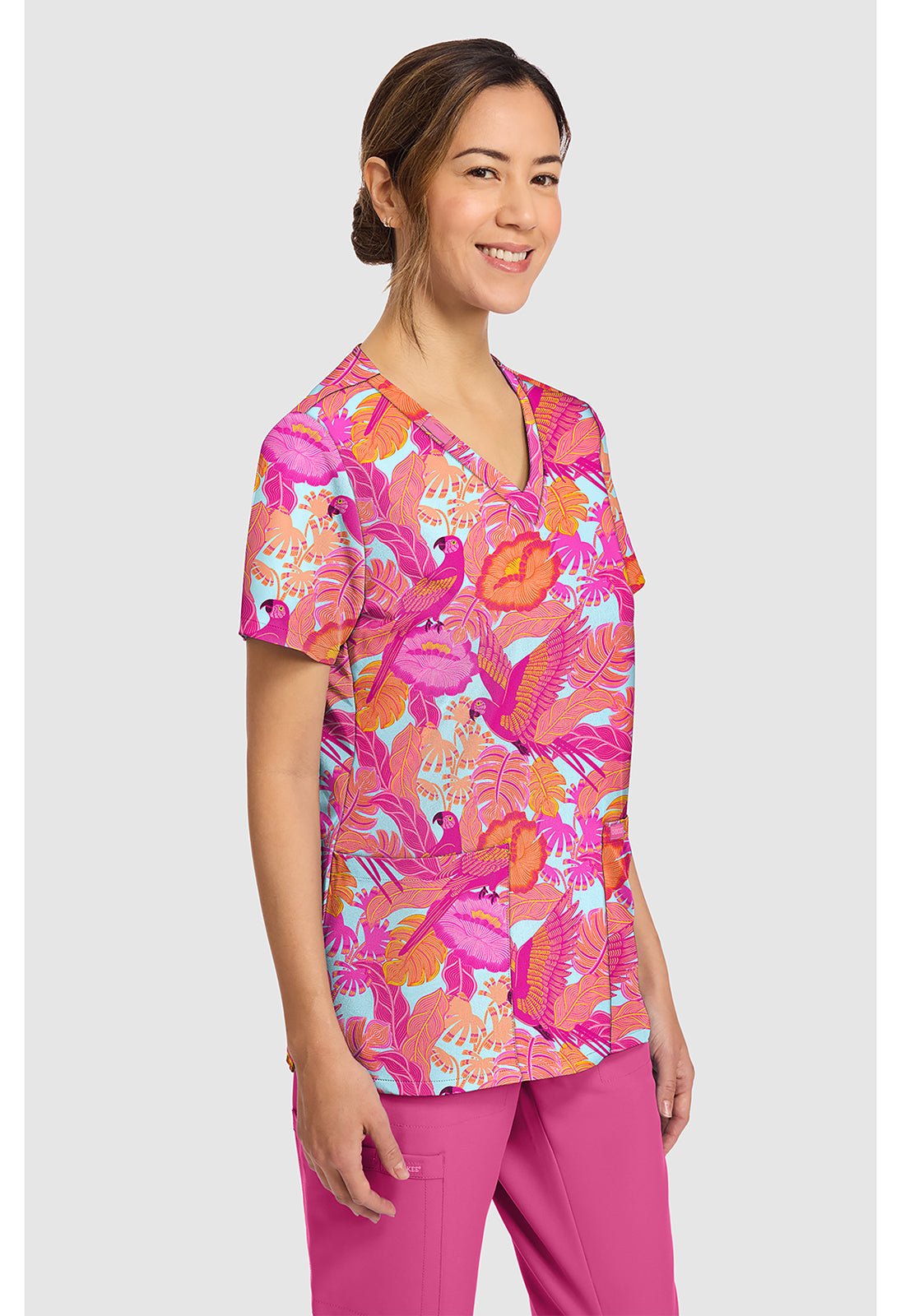 Macaw Mania Cherokee Scrubs Print V Neck Top CK856 MWMA - Scrubs Select