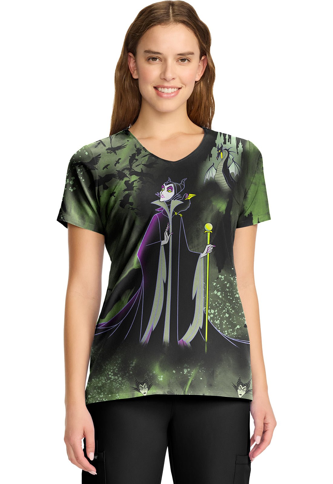 Maleficent Cherokee Tooniforms Licensed Disney V Neck Scrub Top TF626 VIDC - Scrubs Select
