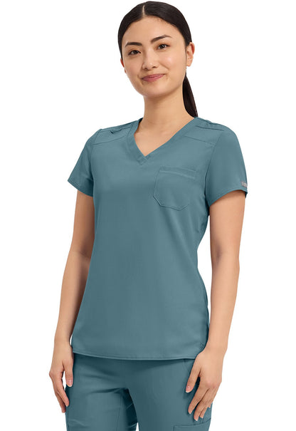 Med Couture Touch Scrubs V Neck Top MC7448 in Eggplant, Pink, Lilac, Olive, Sea Mist, Slate, Teal - Scrubs Select